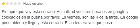 reseña negativo por error en horarios